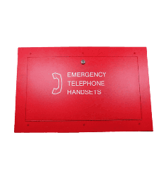 [TCS-6] Portable handset storage cabinet. Surface mount c/w keylock. Red finish with white lettering: “Emergency Telephone Handsets”. 15½&quot; (394 mm ) H x 24-1/8&quot; (613 mm) W x 4&quot;(102) D